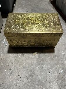 Vintage Antique Old Brass Clad Wood Wooden Storage Cabinet Chest Trunk Box Bin
