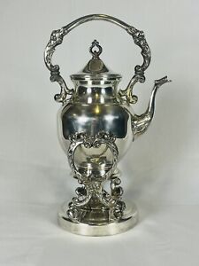 Antique Silver On Copper Teapot Tea Kettle W Tilting Stand Burner