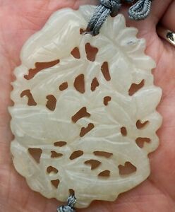 Vintage Translucent Off White Chinese Sculpted Jade Pendant Pierced Duck Flowers