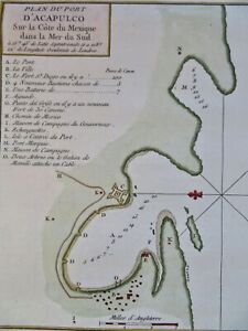 Acapulco Mexico Coastal Survey Star Fort 1754 Engraved Hand Color Map