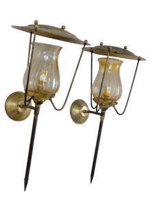 Vintage French Pair Brass Torch Wall Lights Sconce Glass Lamp Pearly Shade 70 S