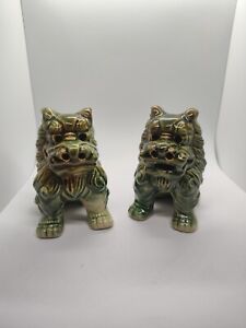 Chinese Foo Dogs Fu Lion Pair Blue Green 3 75 Tall Set Of 2 Ceramic Art Pottery