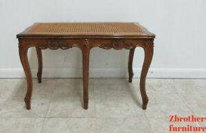 Antique Quality French Country Carved Cane Bench Stool Coffee Table