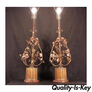 Pair Of Antique Italian Tole Metal Hand Painted Floral Table Lamps