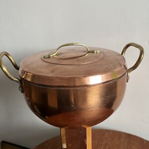 Copper Pan 18cm Tin Lined Brass Handles With Lid Vintage Rare