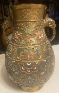 16 1 2 Tall Antique Vintage Asian Japanese Bronze Cloisonn Enamel Urn Vase