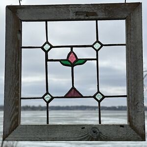 Framed Stained Glass Window Mission Style Pink Green Lt Blue Flower Design