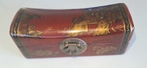 Vintage Chinese Jewelry Keepsake Document Leather Bound Wooden Box