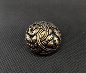 Antique Old Button Vegetable Ivory Carved Painted Black Gold Shank Leaves Swirl