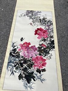 Vintage Chinese Silk Paper Scroll Wall Hanging 72 Pink Floral Paint Watercolor