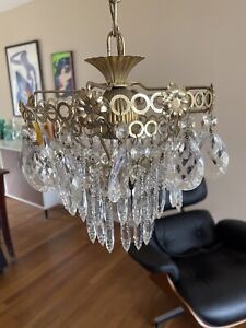 Vtg Small 3 Tier Chandelier Brass Crystal Prism Waterfall Regency French Country
