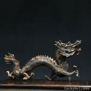 13 4 Old Antique Handmade Ming Dynasty Bronze Gilt Xuande Mark Dragon Statue