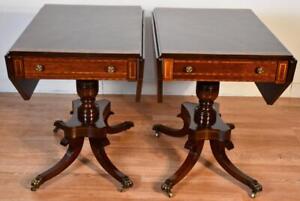 1910s Antique English Regency Mahogany Inlaid Drop Leaf Side Pembroke Tables
