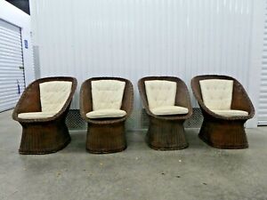 4 Fabulous Italian Mid Century Scoop Rattan Lounge Chairs