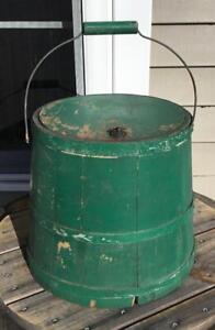 Antique Old Green Wooden Stave Sugar Bucket Firkin Lid Metal Swing Bail Handle