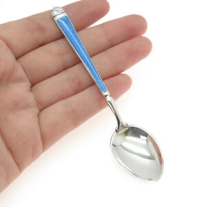 Watson 925 Sterling Silver Vintage Blue White Guilloche Enamel Coffee Spoon