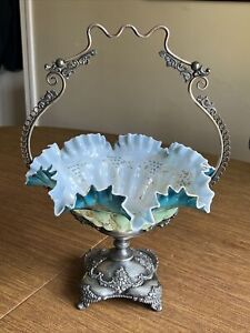 Antique E G Webster Silver Plate Brides Basket W Teal Vaseline Glass Insert