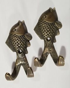 2 Vintage Style Fish Hooks Solid Brass Coat Hat Towel Hanger 3 C23