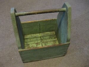 Primitive Wooden Tool Caddy Carrier Green Paint