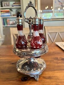 Antique Victorian Cranberry Ruby Red Etched Castor Cruet Set Very Heavy 