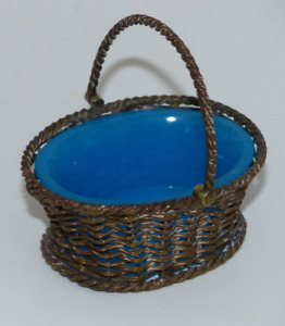 Unusual Antique Blue Opaline Glass Metal Basket With Handle Palais Royal 