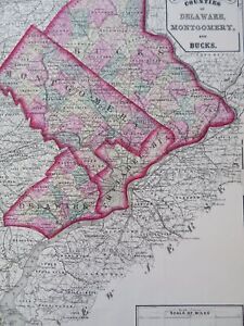 Delaware Montgomery Bucks Counties Pennsylvania 1872 O W Gray Hand Color Map