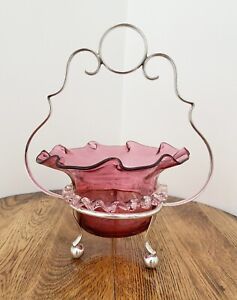 Rare Antique Cranberry Glass Bowl With Silver Basket Stand Euc