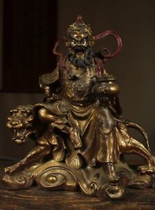 16 Old China Bronze Gilt God Of Wealth Zhao Gong Ming Sit On Tiger Statue