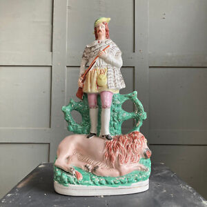 Antique Staffordshire Pottery Figure Hunter Lion Hunting Trophy Victorian