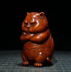 Chinese Wooden Tiger Statue Carved Wood Carving Boxwood Sculpture Art Gift