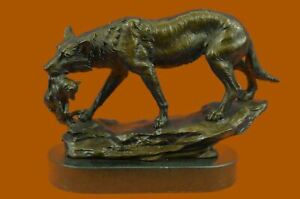 Bronze Sculpture Hand Made Statue Animal Large Signed Barye Wolf Figurine Gift
