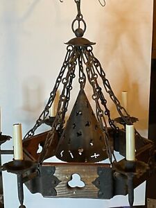 Antique Mission Arts Crafts Gothic Medieval Wood Wrought Iron Chandelier Light