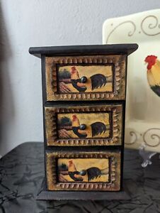 Vintage Hand Painted Rooster Wooden Small Cabinet With Three Drawers 8 5 Tall