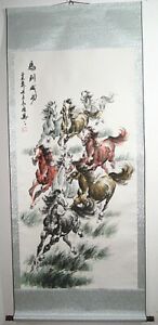 Chinese Scroll Hand Painting About Eight Horse Greeting Success 