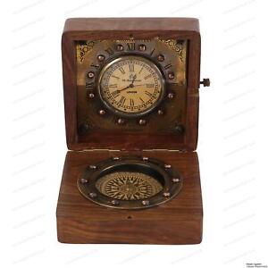 Nautical Handmade Authentic Brass Clock Compass In Rose Wood Box Replica Of 
