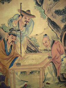 Antique Old Chinese Scroll Painting People Figure By Ding Guanpeng 