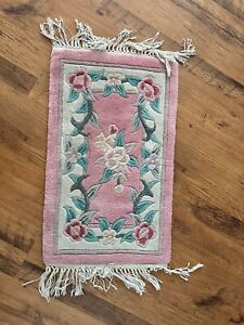Vintage Oriental Wool Prayer Rug Cream W Pink Roses 30x18 5 Asian Flower Fringe