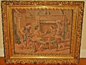 Antique Tapestry Renaissance Figurative Dining Embroidery Scene Needlepoint Art