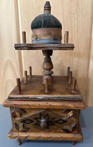 Antique Wooden Tramp Art Tiered Rotating Sewing Box Caddy Pin Cushion Drawer 9 H