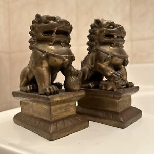 Chinese Vintage Antique Brass Foo Dogs Pair 4 Inches Bookend