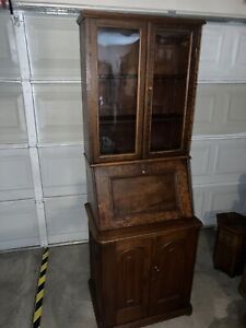 Antique Victorian Walnut Secretary Desk With Glass Doors Crown Molding On Top 