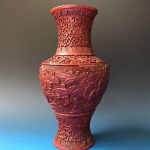 Late 19th Century Chinese Deeply Carved Cinnabar Lacquer Vase Revised 