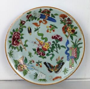 Antique 19c Chinese Export Celadon Porcelain China Plate Dish Enamelled Famille