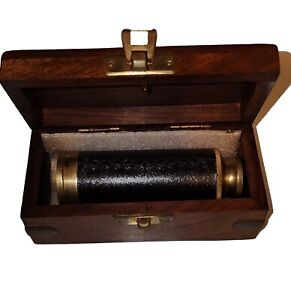 Vintage Spyglass Brass Leather Wrapped With Wooden Box