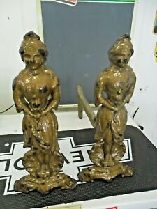 Vintage Fireplace Andirons 18th 19th Century 17 Tall Forged Cast Iron Set