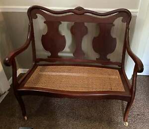 Vintage Hand Crafted Black Walnut Settee On Wheels W Woven Cane Seat