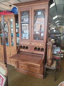 Antique Victorian Eastlake Walnut Secretary Desk Bookcase Cabinet