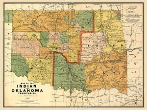 1892 Indian Territory Historic Vintage Style Oklahoma Wall Map 18x24