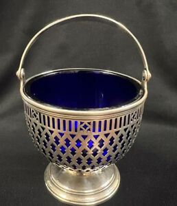 Tiffany Co Makers Sterling Silver Sugar Dish With Cobalt Glass Liner