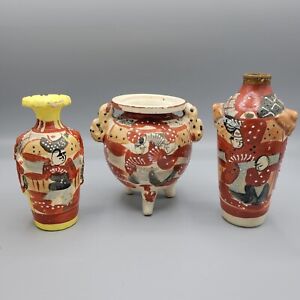 3 Vintage Satsuma Vase Incense With Tassels Birds Frogs Japan
